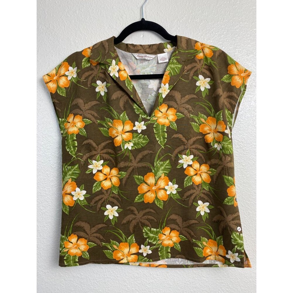 Vintage Tommy Bahama Silk Floral Hawaiian Top Women 12 Vacation Beach Coastal